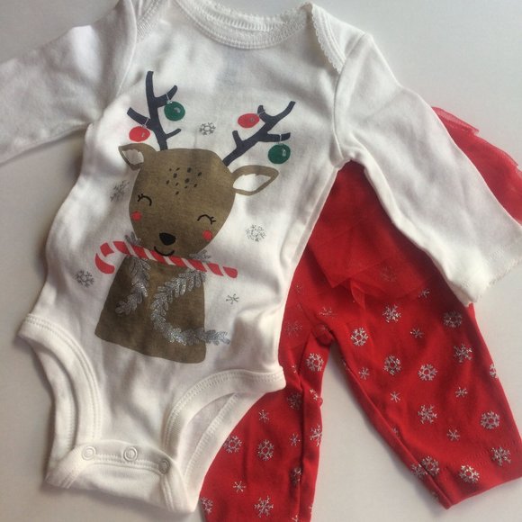 New Christmas Outfit Sleeper Lot 0-3 Reindeer Fleece Pajamas Shirt Pants Tutu - Picture 2 of 11
